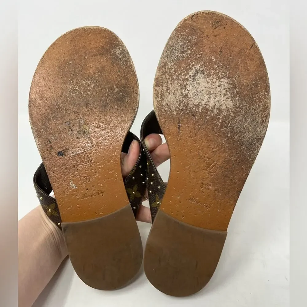 Louis Vuitton Monogram Sunny Thong Sandal Flat Brown Leather size 37 EU